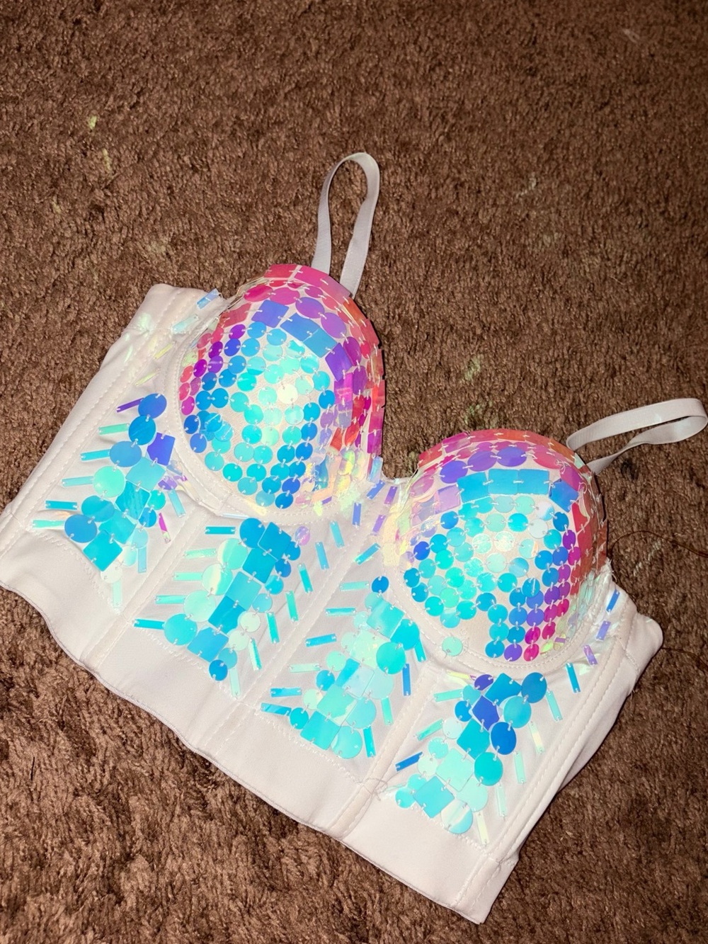 Iridescent Sequin Bustier Crop Top - White
